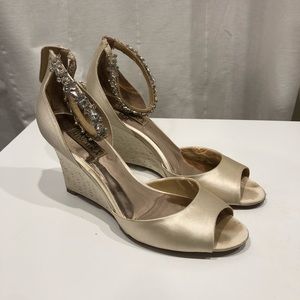 Badgley Mischka Wedding shoes, wedge with jeweled ankle strap, cream/ ivory